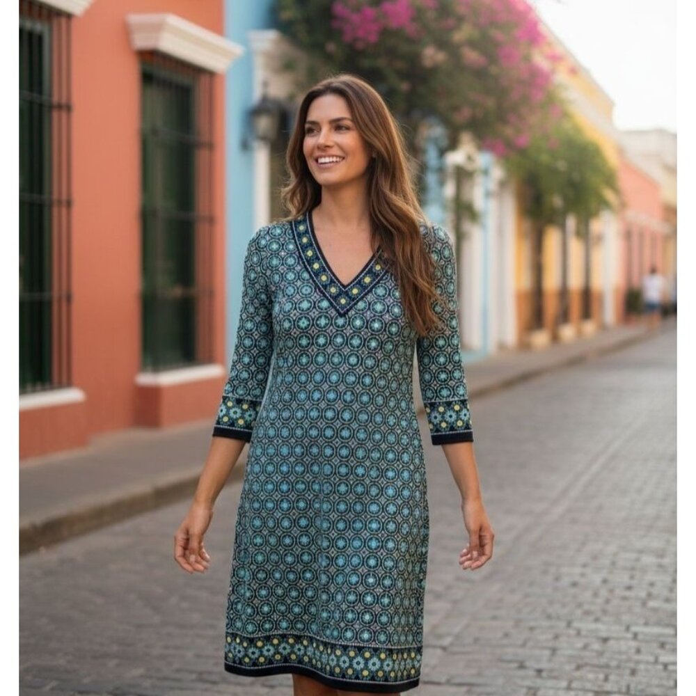 Max Studio‎ Green Black Geometric Print V-Neck Dress Size S All-Season Stretch